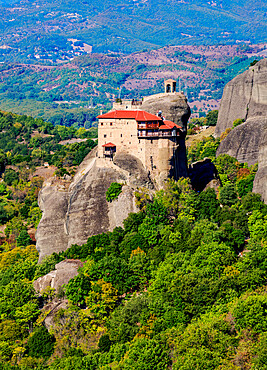 Monastery of Saint Nicholas Anapafsas (Anapausas), elevated view, Meteora, UNESCO World Heritage Site, Thessaly, Greece, Europe