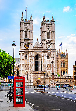 Red Telephone Box and Westminster Abbey, London, England, United Kingdom