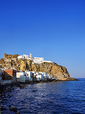 View towards the Panagia Spiliani, Blessed Virgin Mary of the Cave Monastery, Mandraki, Nisyros Island, Dodecanese, Greek Islands, Greece, Europe