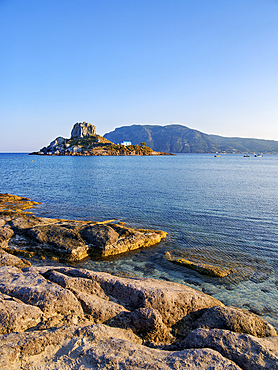 Kastri Island seen from Agios Stefanos Beach, Kamari Bay, Kos Island, Dodecanese, Greek Islands, Greece, Europe