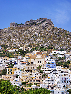 Platanos and Medieval Castle of Pandeli, Agia Marina, Leros Island, Dodecanese, Greek Islands, Greece, Europe