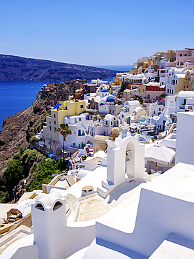 View towards the castle, Oia Village, Santorini (Thira) Island, Cyclades, Greek Islands, Greece, Europe