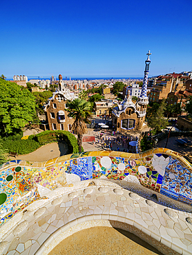 Mosaic Serpentine Bench at the Main Terrace, Park Guell, Barcelona, Catalonia, Spain