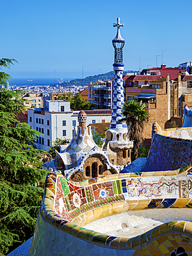 Mosaic Serpentine Bench at the Main Terrace, Park Guell, UNESCO World Heritage Site, Barcelona, Catalonia, Spain, Europe