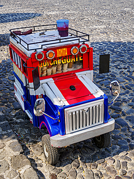 Ice Cream chicken bus fridge at the main square, Antigua Guatemala, Sacatepequez Department, Guatemala
