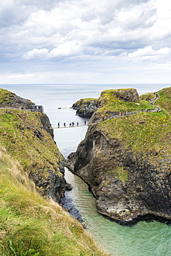 View of the Carrick a Rede Rope Bridge, Ballintoy, Ballycastle, County Antrim, Ulster, Northern Ireland, United Kingdom, Europe