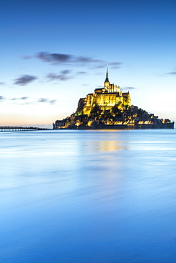 High tide at dusk, Mont-Saint-Michel, UNESCO World Heritage Site, Normandy, France, Europe