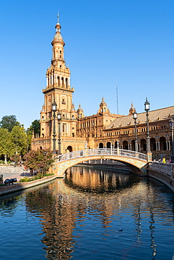 The North Tower of Plaza de Espana, Parque de Maria Luisa, Seville, Andalusia, Spain, Europe