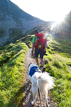 trekking with a dog in hogh mountains