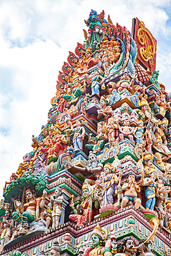 SINGAPORE, SINGAPORE - MARCH 2019: Intricate Hindu art and deity carvings on the facade of Sri Veeramakaliamman Temple in Little India, Singapore.