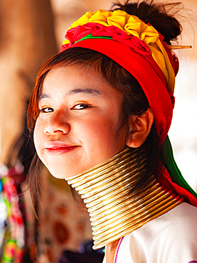 Long neck karen or Kayan woman in Baan Tong Luang eco village near Chiangmai,Thailand. They fled the war in Myanmar and now live in villages across northern Thailand selling their handicraft to tourists.