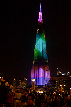 Laser show at night on Burj Khalifa, world's tallest tower, Downtown Burj Dubai.