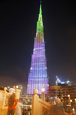 Laser show at night on Burj Khalifa, world's tallest tower, Downtown Burj Dubai.