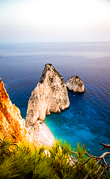 viewpoint of Keri and the famous Mizithres rocks with turquoise sea at Zakynthos island Greece