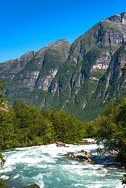 River through the mountains near Briksdals Glacier, Fjordane county, Norway, Scandinavia, Europe