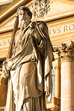 Prominent statue of St. Paul in front of St. Peter's Basilica, Vatican City, Rome, Lazio, Italy, Europe