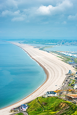 Fortuneswell and the Chesil Beach, seen from Portland Heights on the Isle of Portland, Jurassic Coast, UNESCO World Heritage Site, Dorset, England, United Kingdom, Europe