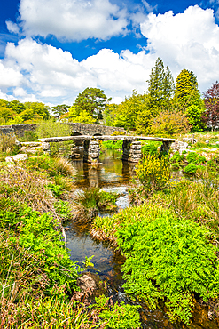 Medieval clapper bridge over the East Dart River at Postbridge on Dartmoor in Devon, England, United Kingdom, Europe