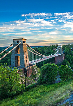 Historic Clifton Suspension Bridge by Isambard Kingdom Brunel spans the Avon Gorge with River Avon below, Bristol, England, United Kingdom, Europe