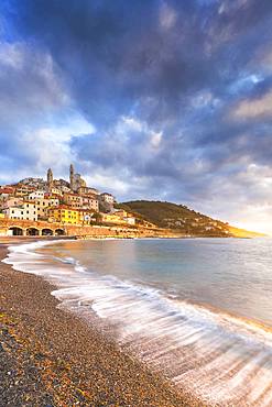 Sunrise on the beach of Cervo, Imperia province, Liguria, Italy, Europe