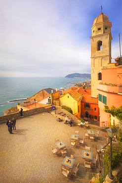 Main square with the bell tower of Cervo, Imperia Province, Liguria, Italy, Europe