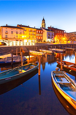 Touristic harbour of Ascona at dusk, Ascona, Lake Maggiore (Verbano), Canton of Ticino, Switzerland, Europe