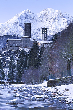 Serio River and the village of Gromo at dusk, Gromo, Val Seriana, Bergamo province, Lombardy, Italy, Europe