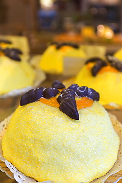 Typical dessert called Polenta e Osei, Old city of Bergamo, Bergamo province, Lombardy, Italy, Europe