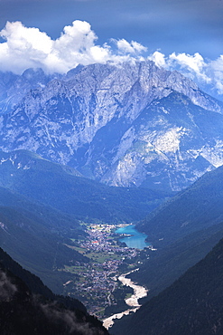 Auronzo di Cadore from above, Dolomites of Sesto (Sexten), Province of Belluno, Veneto, Italy, Europe