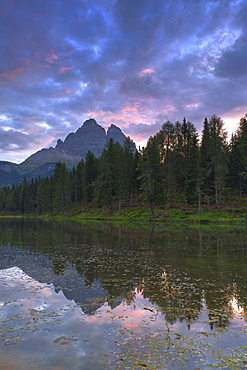 Three Peaks of Lavaredo reflected in the Antorno Lake during sunrise, Sesto Dolomites, Belluno Province, Veneto, Italy, Europe