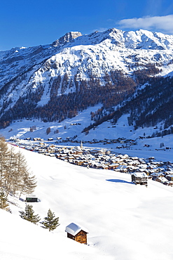 Village illuminated by sun after a snowfall, Livigno, Valtellina, Lombardy, Italy, Europe