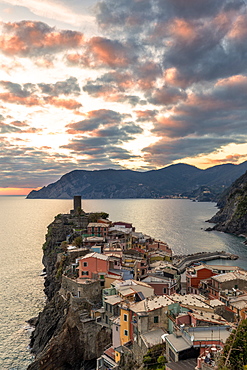 Elevated view of Vernazza at sunset, Cinque Terre, UNESCO World Heritage Site, Liguria, Italy, Europe