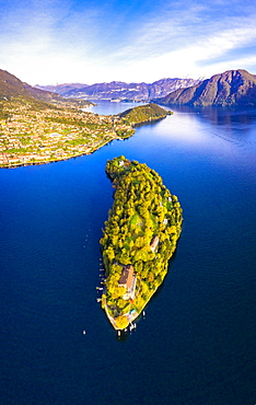 Aerial view of Comacina Island in autumn, Lake Como, Lombardy, Italian Lakes, Italy, Europe