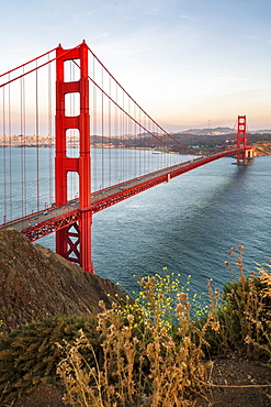 View of Golden Gate Bridge from Golden Gate Bridge Vista Point at sunset, San Francisco, California, United States of America, North America