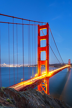 View of Golden Gate Bridge from Golden Gate Bridge Vista Point at dusk, San Francisco, California, United States of America, North America