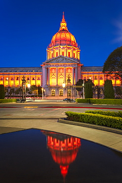 View of San Francisco City Hall illuminated at night, San Francisco, California, United States of America, North America