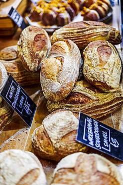 Bread stand in Borough Market, Southwark, London, England, United Kingdom, Europe