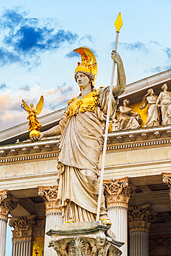 Pallas Athene fountain outside the Vienna Parliament depicting the goddess of wisdom holding a spear in her left hand and a small statue of the goddess Nike in her right, Vienna, Austria, Europe