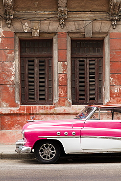 Front half of white and pink old vintage car, Havana, Cuba, West Indies, Caribbean, Central America