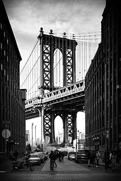 Manhattan Bridge with the Empire State Building through the Arches, New York City, New York, United States of America, North America