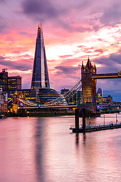 Tower Bridge and The Shard at sunset, London, England, United Kingdom, Europe