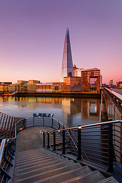 The Shard and London Bridge at sunrise with reflections on the River Thames, London, England, United Kingdom, Europe