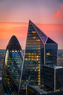 The Gherkin and Scalpel buildings in the City of London at dusk, London, England, United Kingdom, Europe