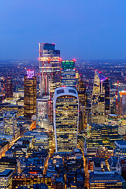 City of London skyscrapers at dusk, including Walkie Talkie building, from above, London, England, United Kingdom, Europe