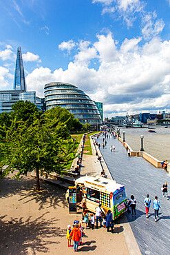 People buying ice cream by Potters Fields Park next to River Thames and The Shard, London, England, United Kingdom, Europe