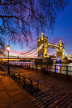 Sunrise view of Tower Bridge from Tower Wharf, Tower of London, London, England, United Kingdom, Europe