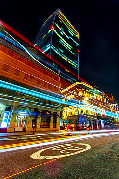 Walkie Talkie Building (20 Fenchurch Street) with light trails at night, City of London, London, England, United Kingdom, Europe