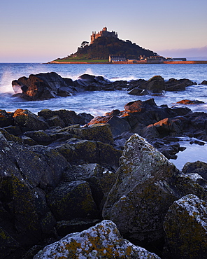 Winter dawn looking at St. Michael's Mount in Marazion, Cornwall, England, United Kingdom, Europe