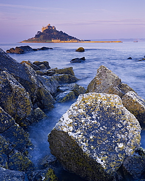 Spring dawn looking at St. Michael's Mount in Marazion, Cornwall, England, United Kingdom, Europe