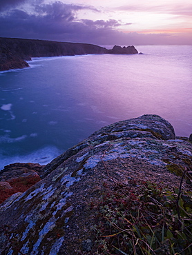 Sunrise from the Minack Theatre looking out towards Logan Rock at Porthcurno, Cornwall, England, United Kingdom, Europe